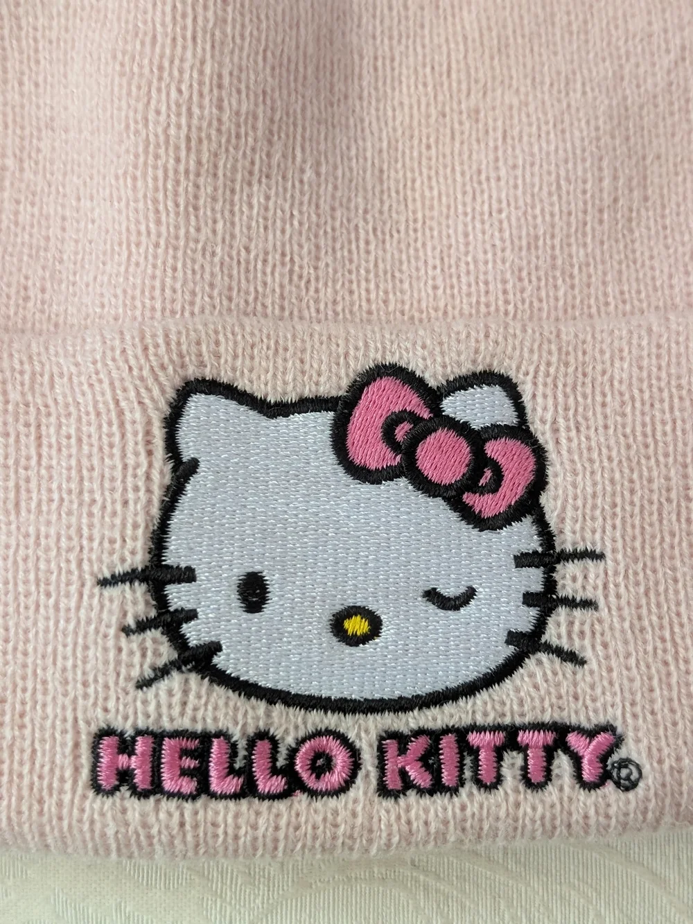 Hello Kitty Pink Knit Acrylic Pom Pom Beanie Hat Embroidered Stretch One Size